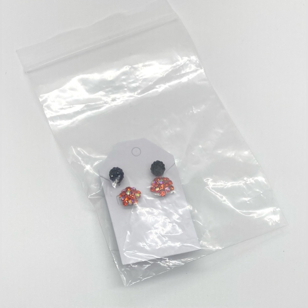 Black & Orange Red Rhinestone Bling Stud Earrings Retro Whimsigoth Fairy Party - Picture 12 of 13
